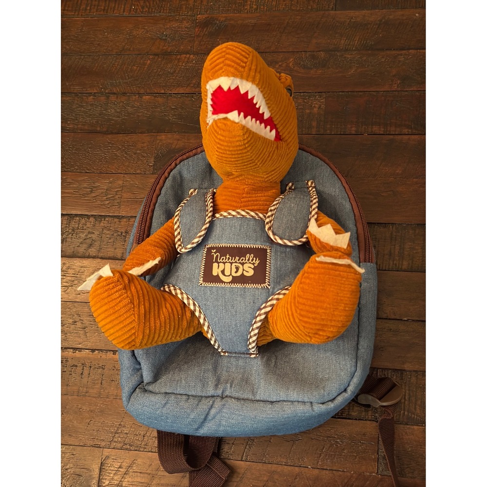 Naturally KIDS Denim T-Rex Dinosaur Backpack with Removable Plush Toy Blue